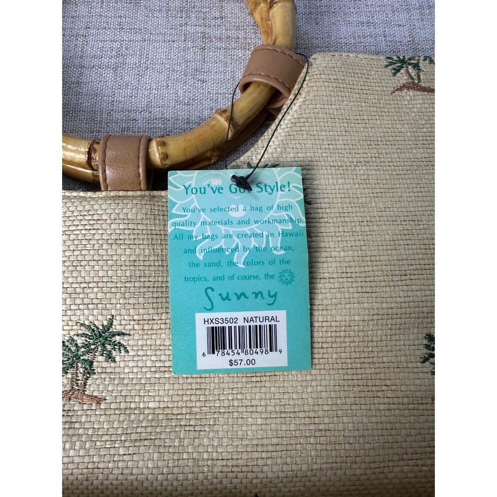Sunny Palm Tree Embroidered Bamboo Handle Tote Bag NWT Resort Beach Purse - Picture 3 of 6